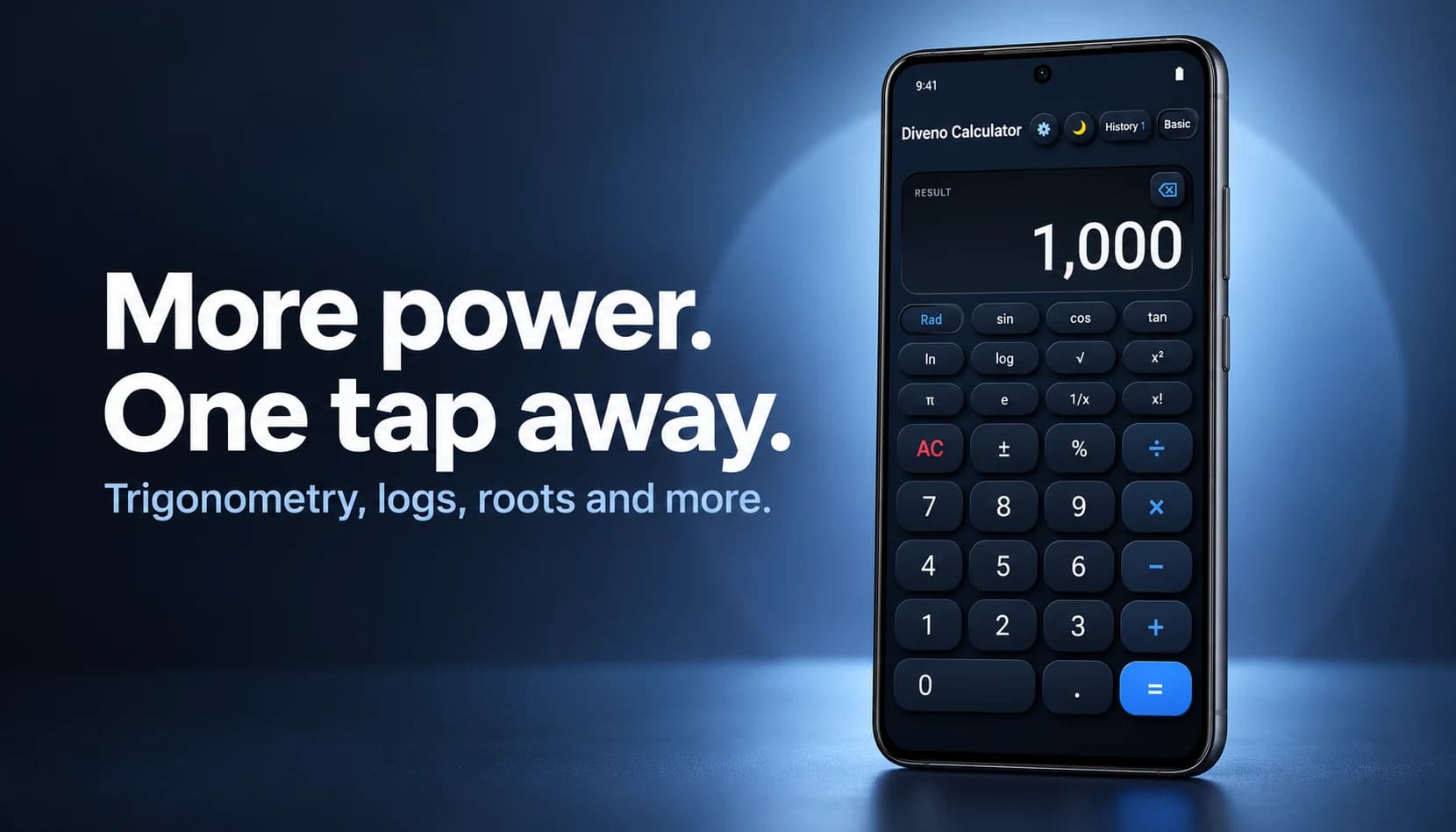 Diveno Calculator dark scientific keypad with trigonometry, logs, roots, and factorials