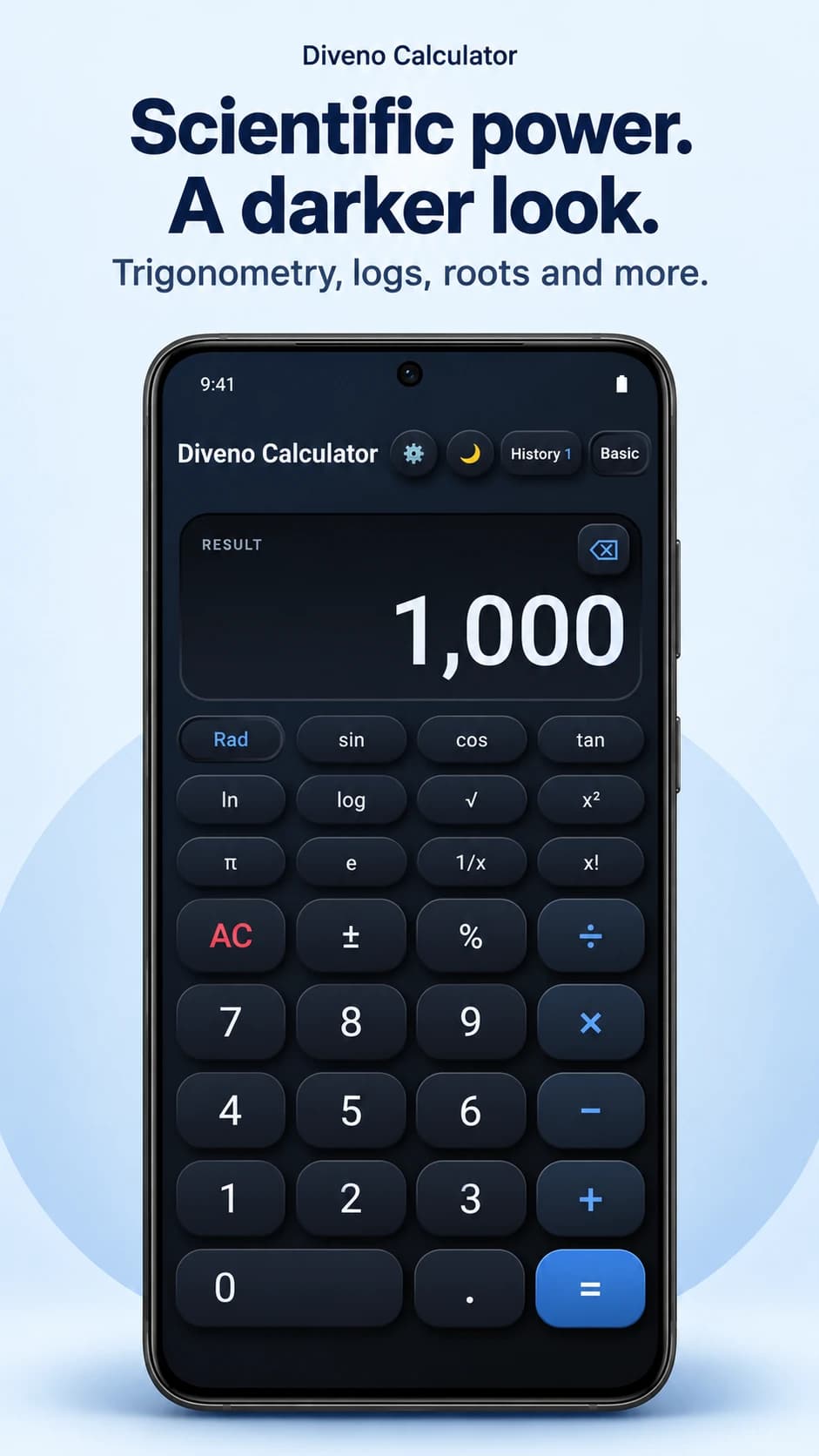 Diveno Calculator Scientific power in dark mode poster