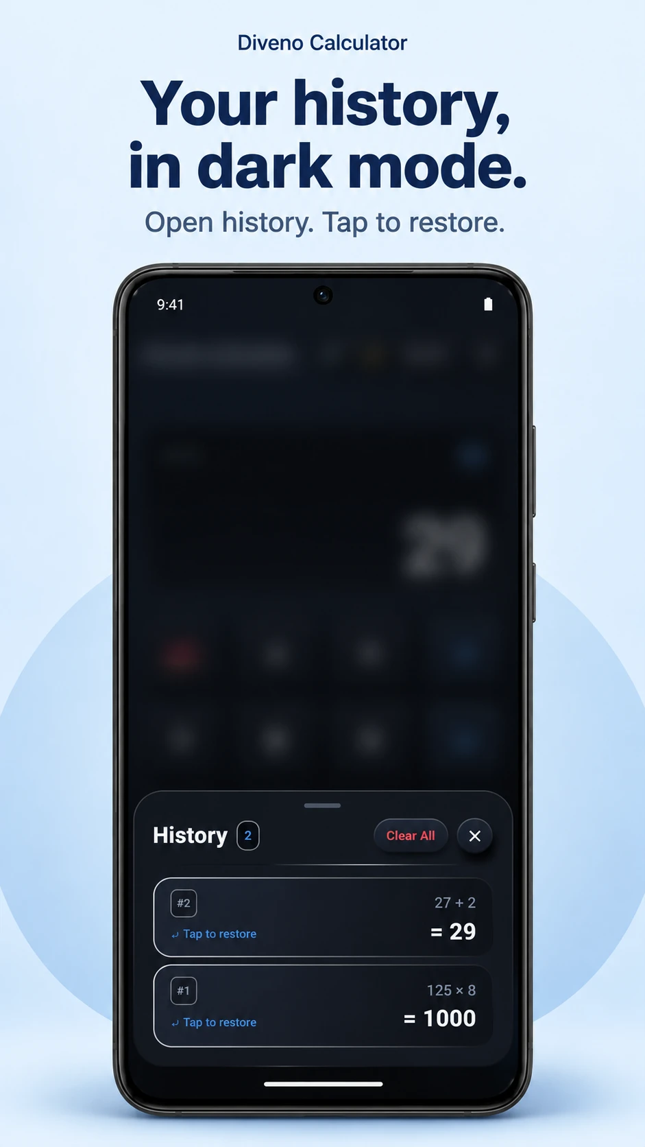 Diveno Calculator Session history in dark mode poster