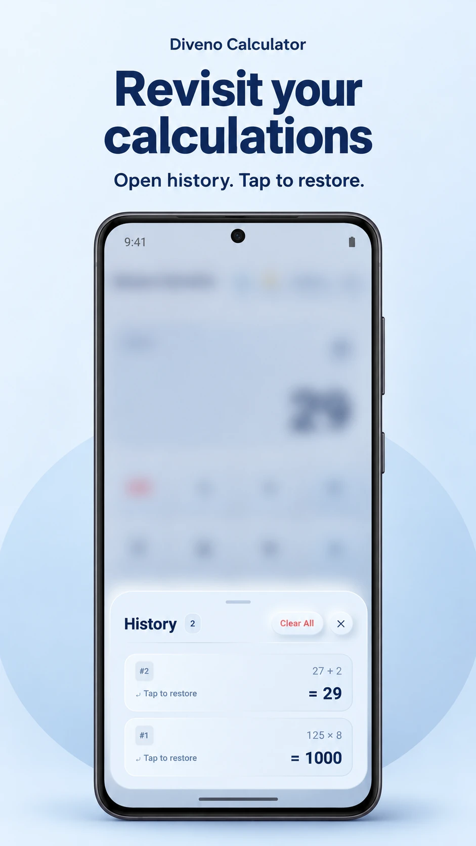 Diveno Calculator light-mode session history with tap-to-restore entries