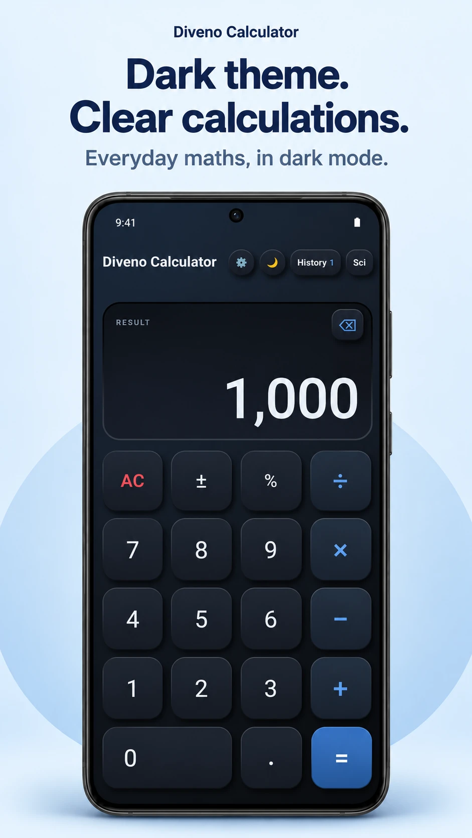 Diveno Calculator Everyday maths in dark mode poster