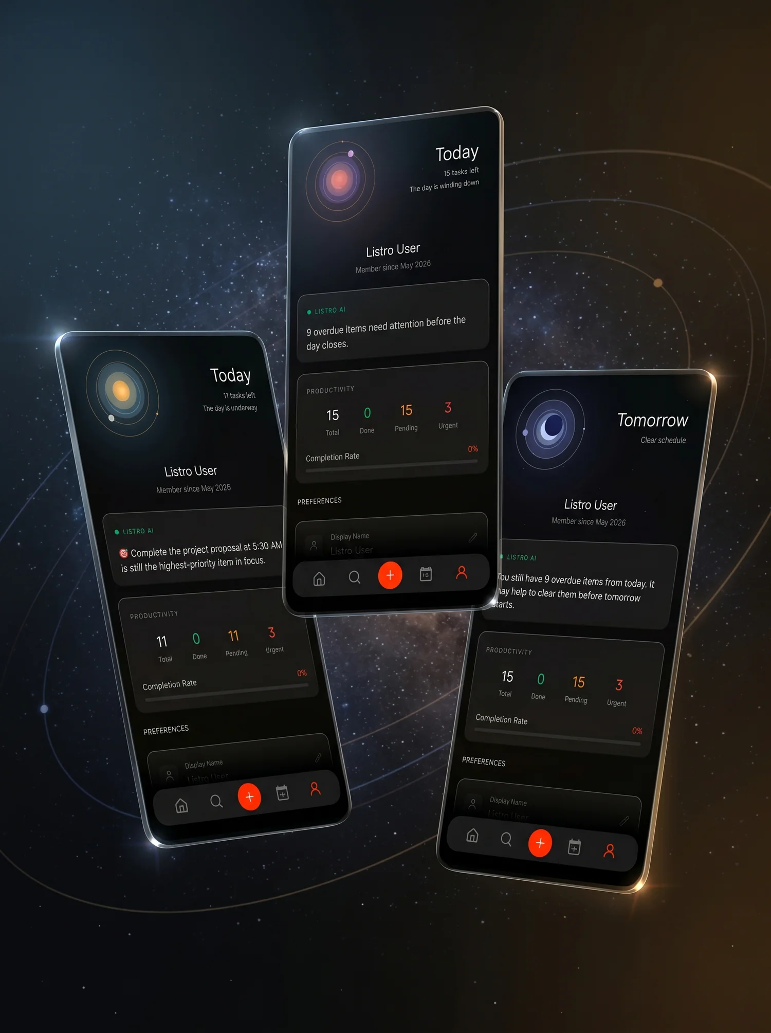 Listro adaptive profile screens floating in orbit