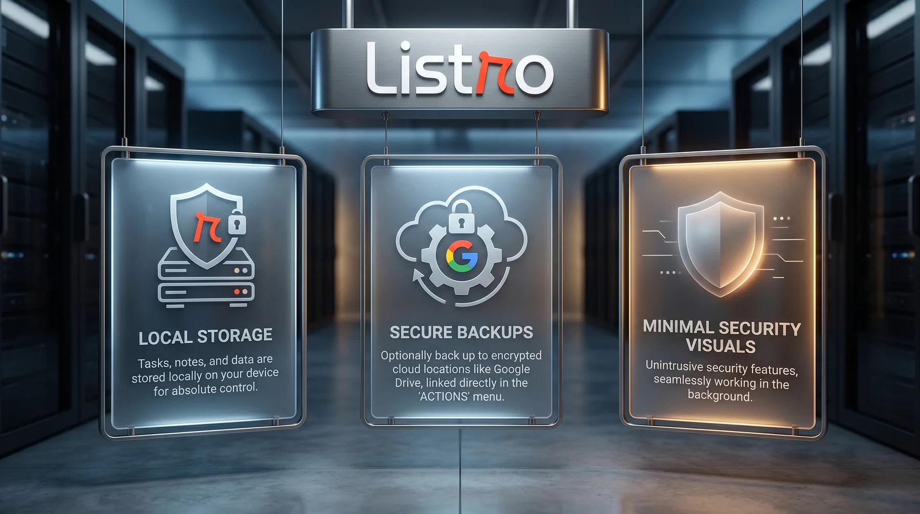 Listro local storage, secure backups, and minimal security visuals