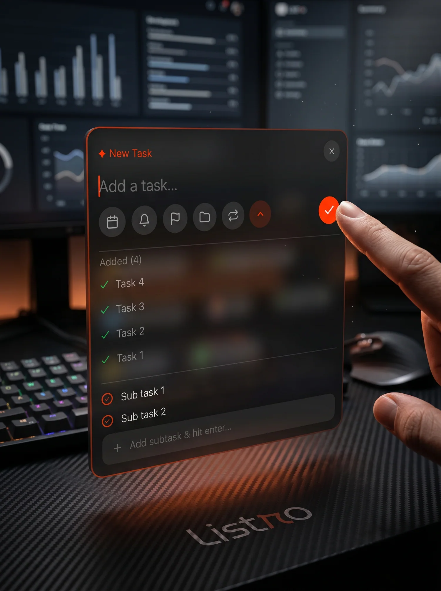 A finger confirming tasks inside Listro quick creation