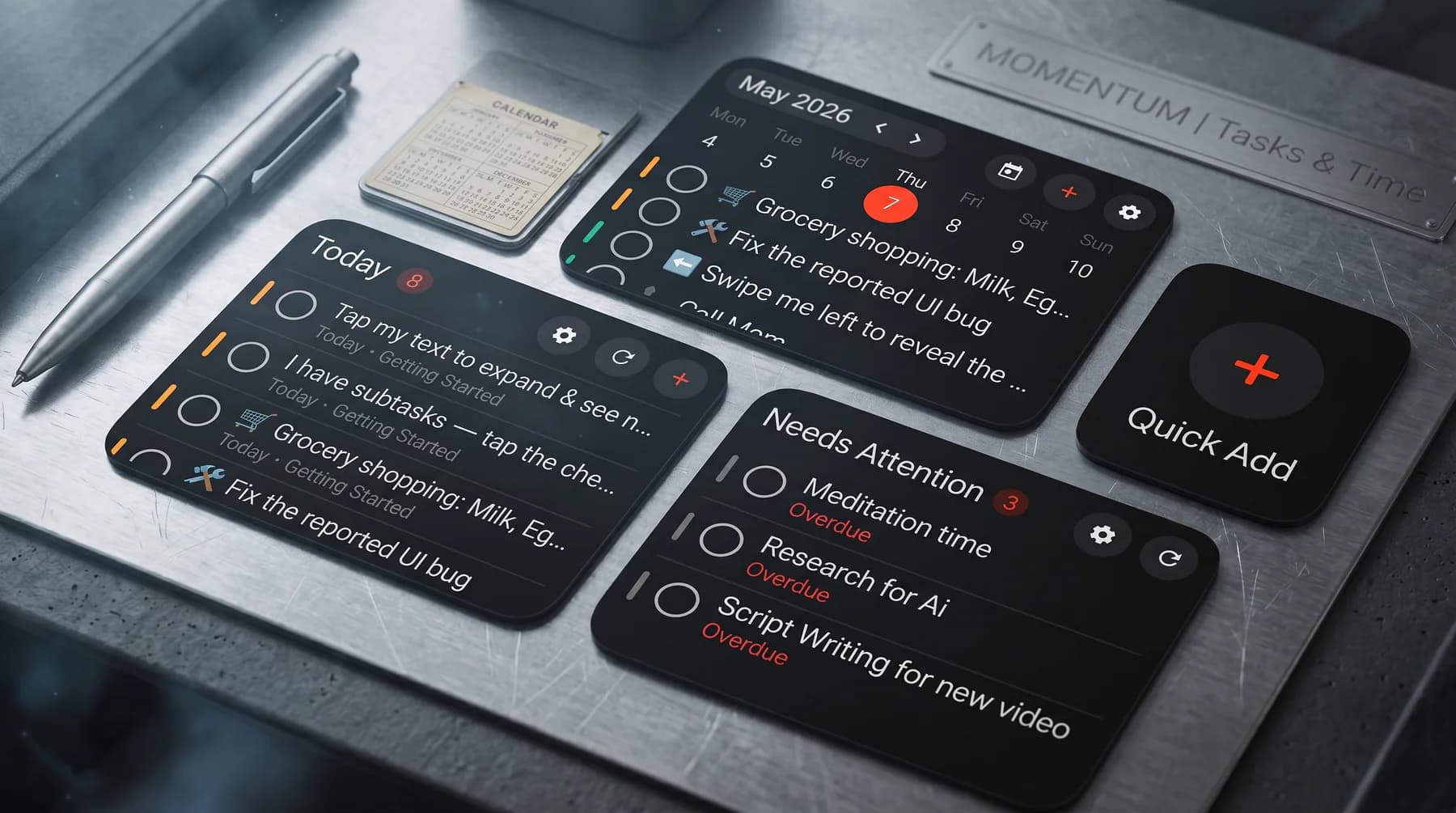 Listro Android widgets for today tasks, calendar, needs attention, and quick add