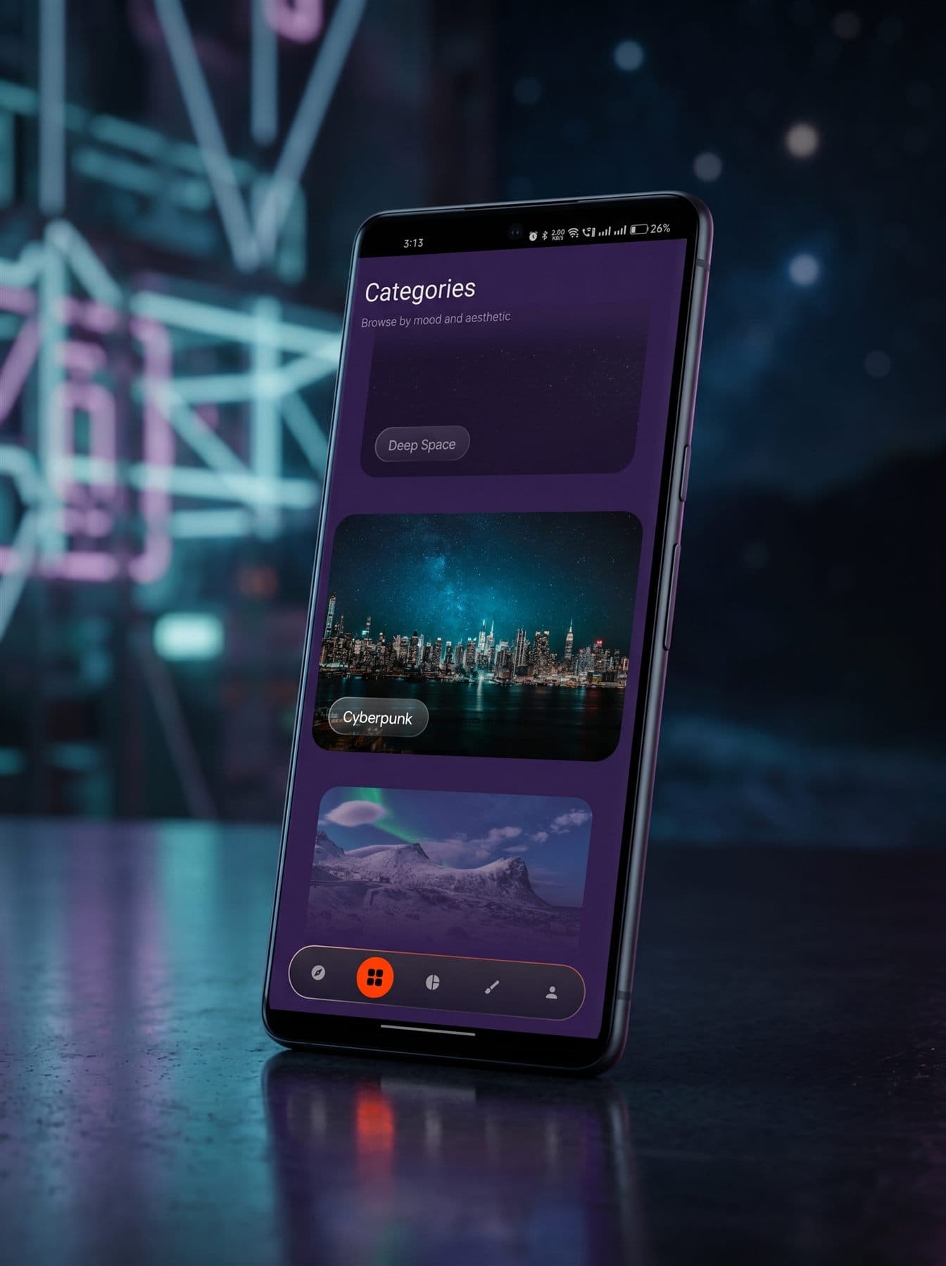 Liquid Wallpapers mood categories on an Android phone