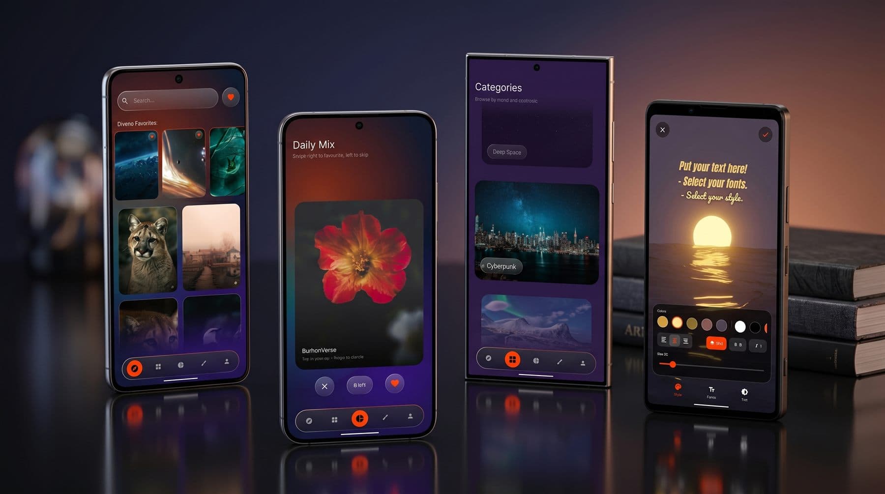 Liquid Wallpapers workflow showcase across Explore, Daily Mix, Categories, and Studio