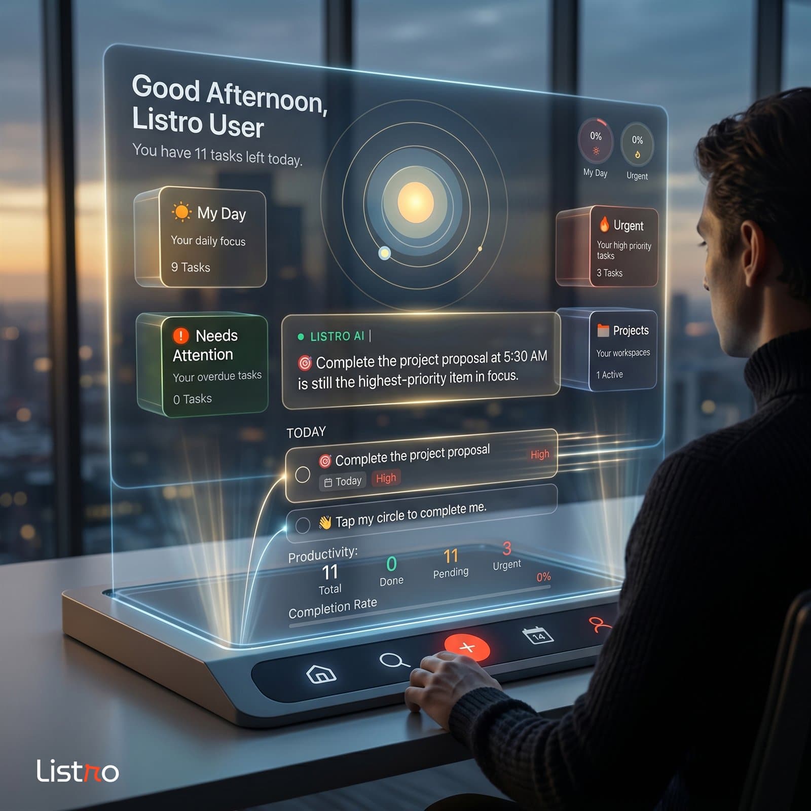 Listro AI task manager cinematic hero image