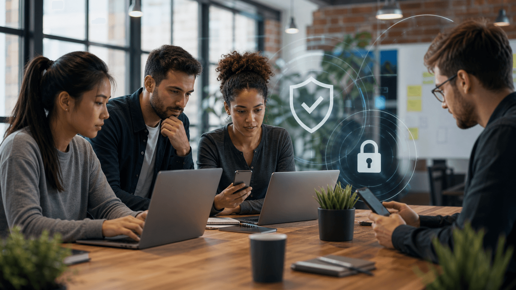Android developer desk with a smartphone, security key, and abstract verification symbols