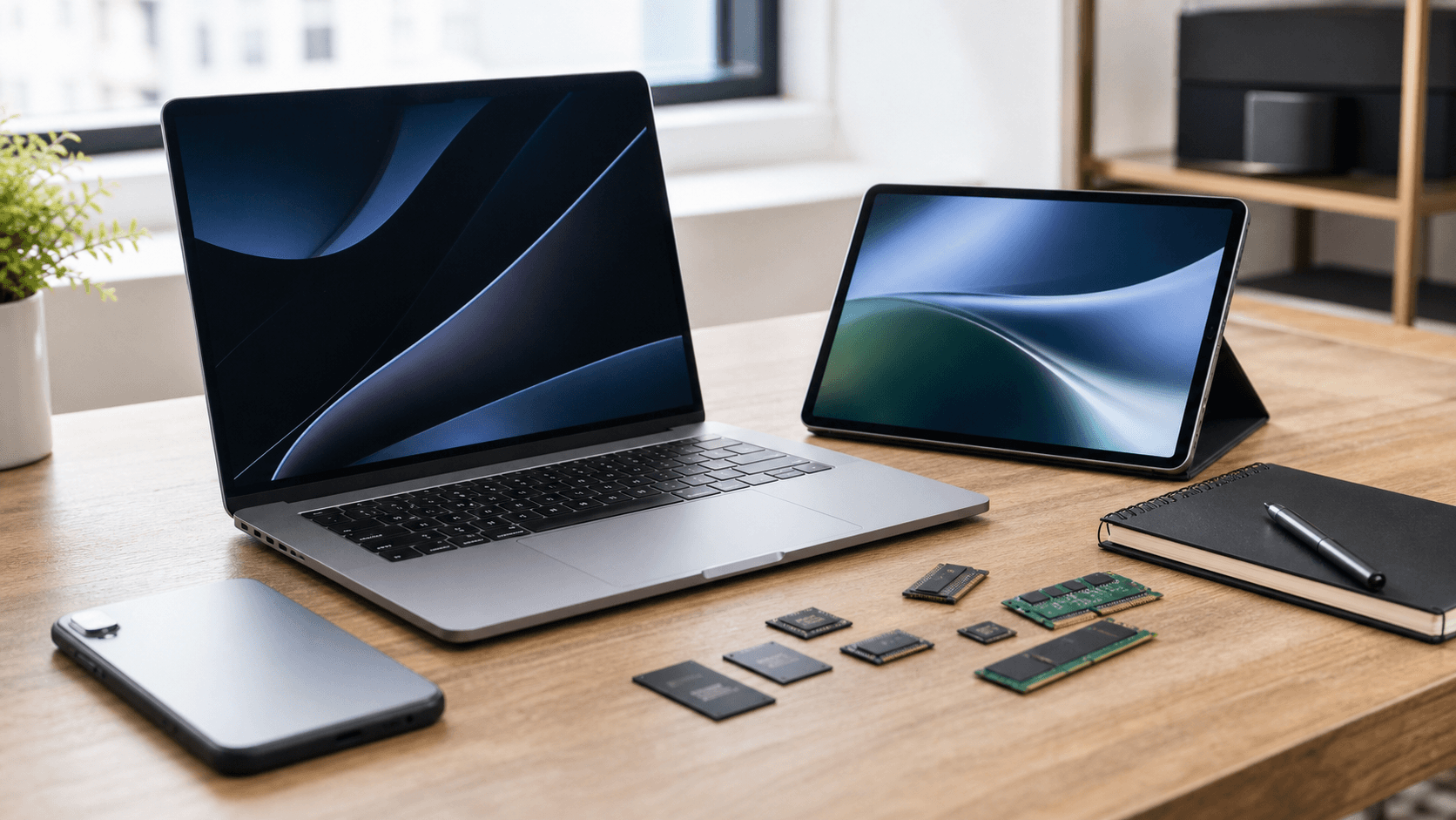 Laptop, tablet, and phone on a desk with memory-chip components suggesting rising hardware costs