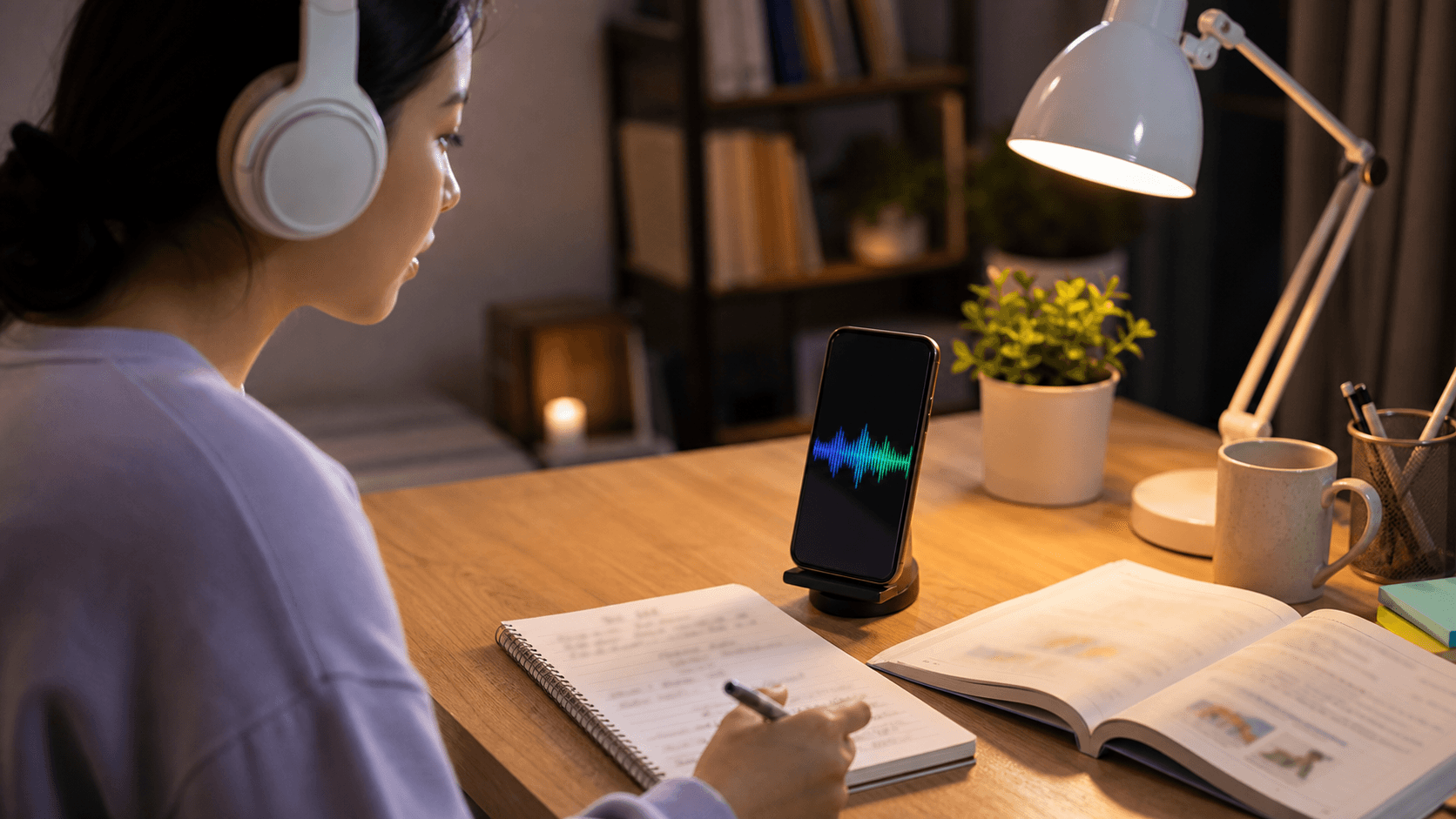 Person using a voice-based AI assistant on a smartphone while studying