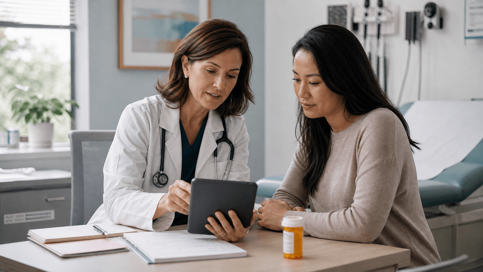 Doctor and patient reviewing health information together on a tablet