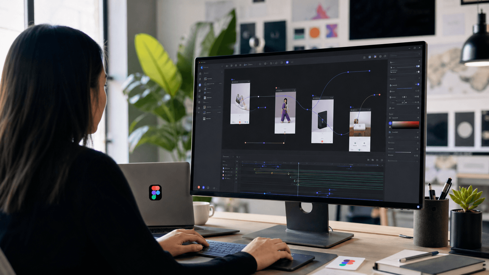 Designer working in a Figma-like interface with a motion timeline and animation paths
