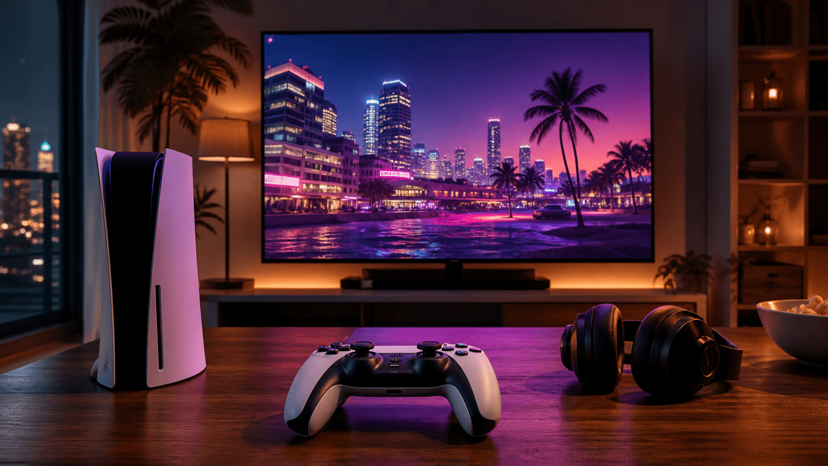 Console gaming setup facing a neon coastal city scene on a large screen