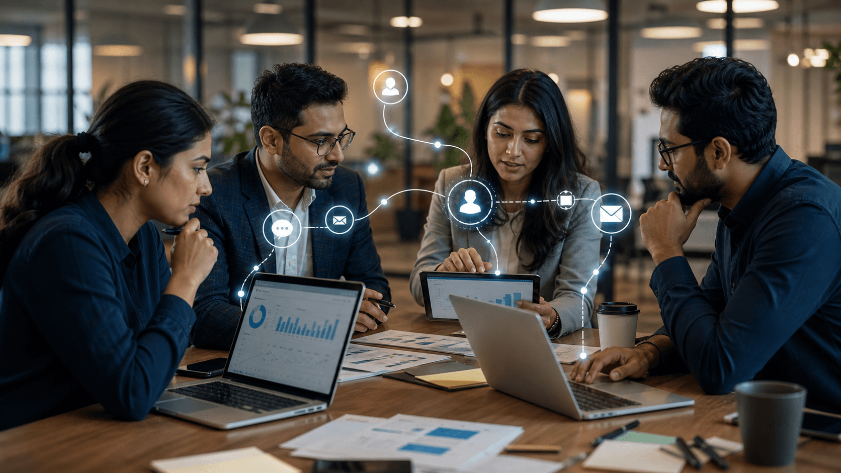 Marketing and product team reviewing AI-powered customer journey analytics in a modern office