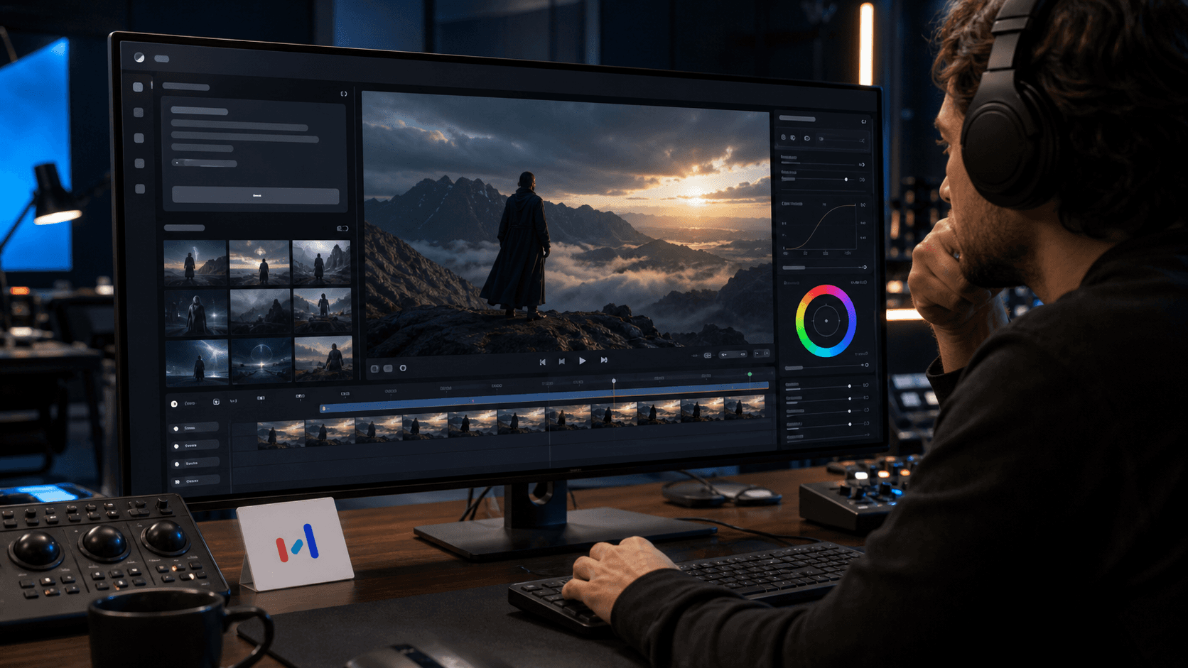 Video editor reviewing cinematic AI-generated footage in a 4K production interface