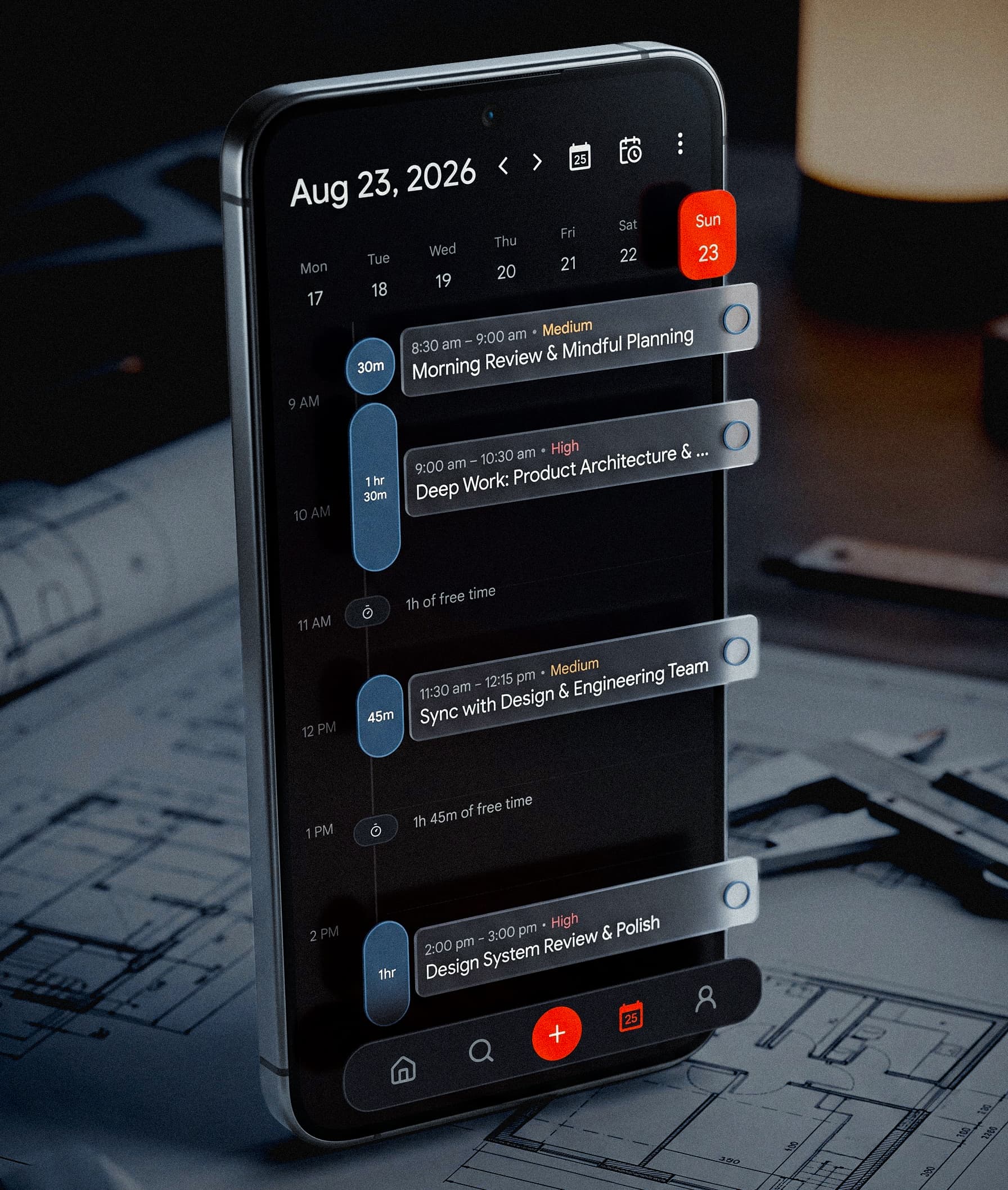 Listro Day Timeline showing scheduled tasks, priorities, free-time gaps, and week navigation