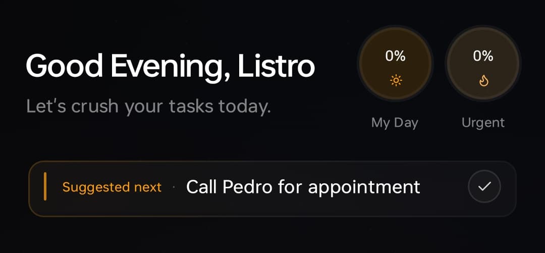Listro home screen showing a compact Suggested next Smart Suggestion chip below the greeting