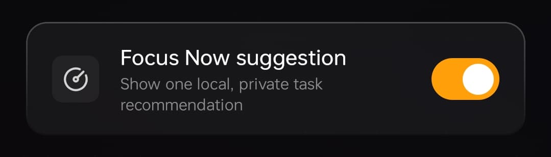 Listro Settings screen showing the Focus Now suggestion toggle enabled