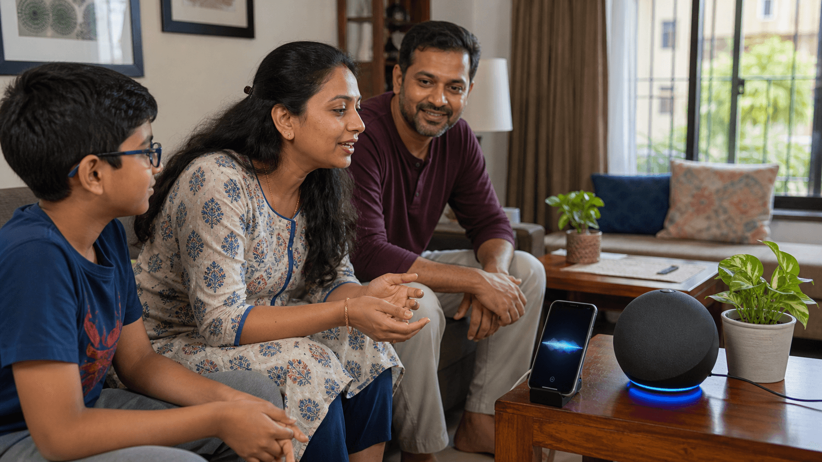 Indian family speaking to a smart speaker and phone in a living room