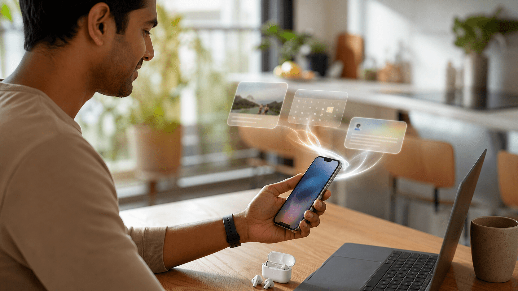 Person using a smartphone at a kitchen table with soft abstract AI assistant cards