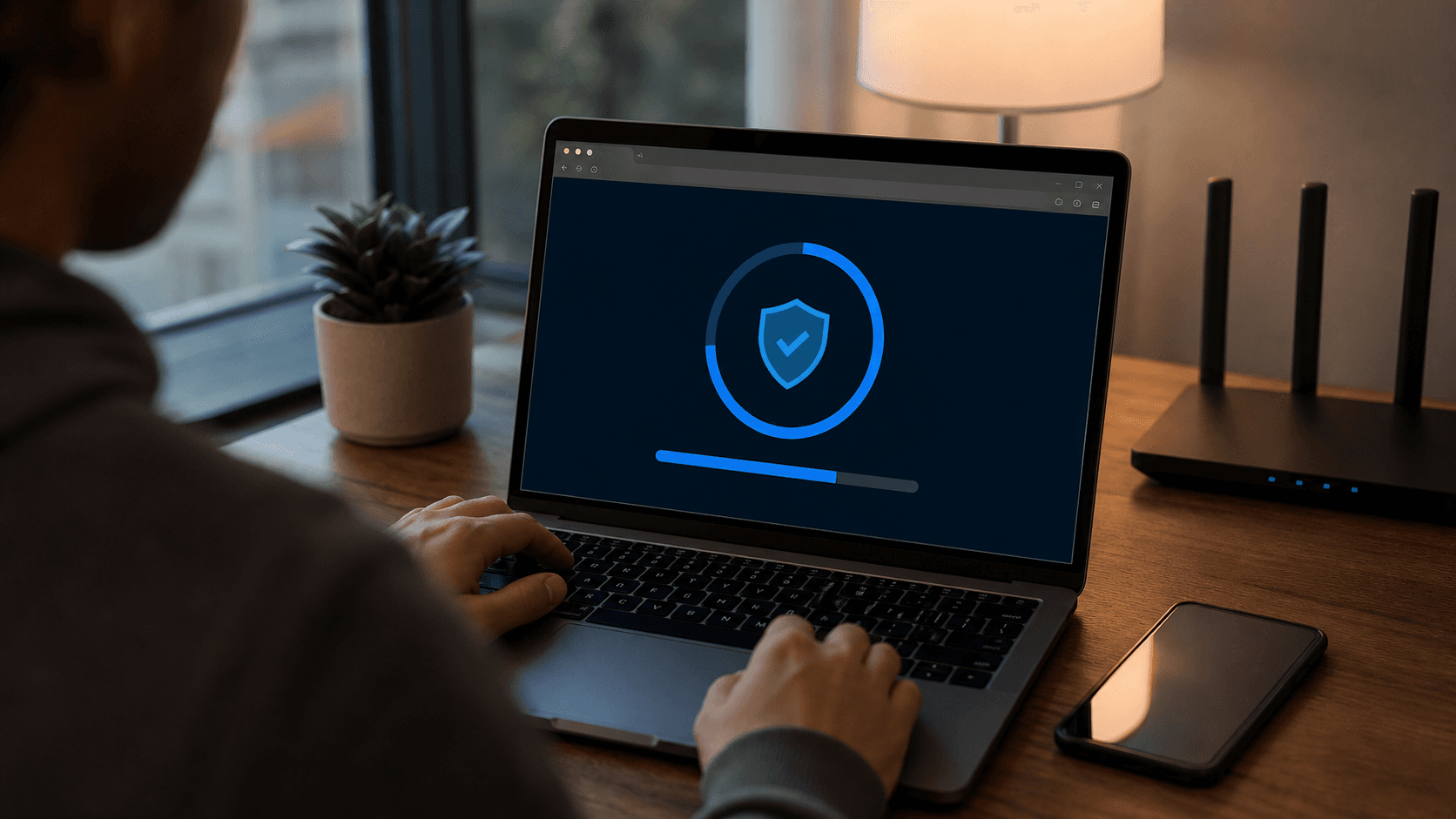 Person updating a laptop browser with abstract security shield and progress ring