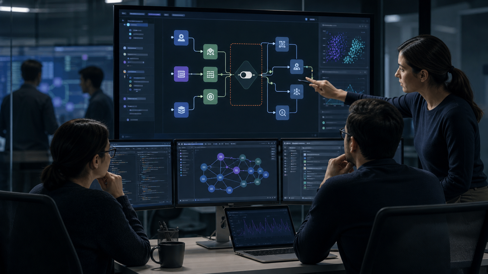 AI product engineers reviewing an autonomous agent workflow with approval checkpoint