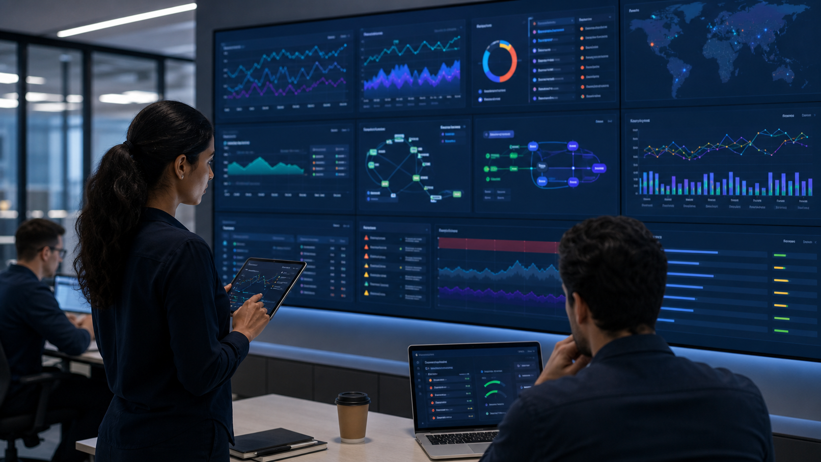Engineer reviewing abstract telemetry dashboards for deployed AI agents
