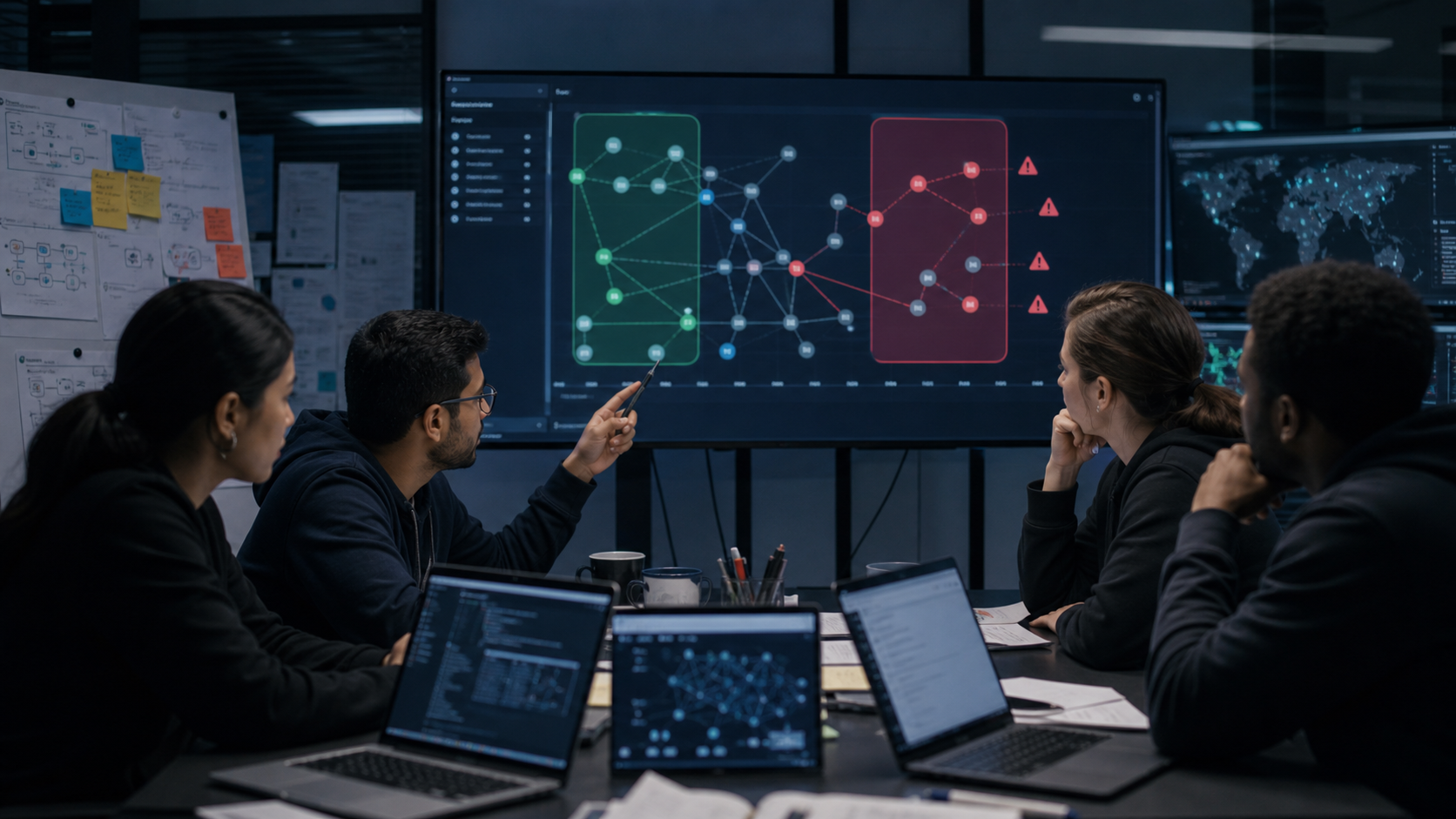 Security researchers comparing safe and unsafe agent behavior on abstract dashboards