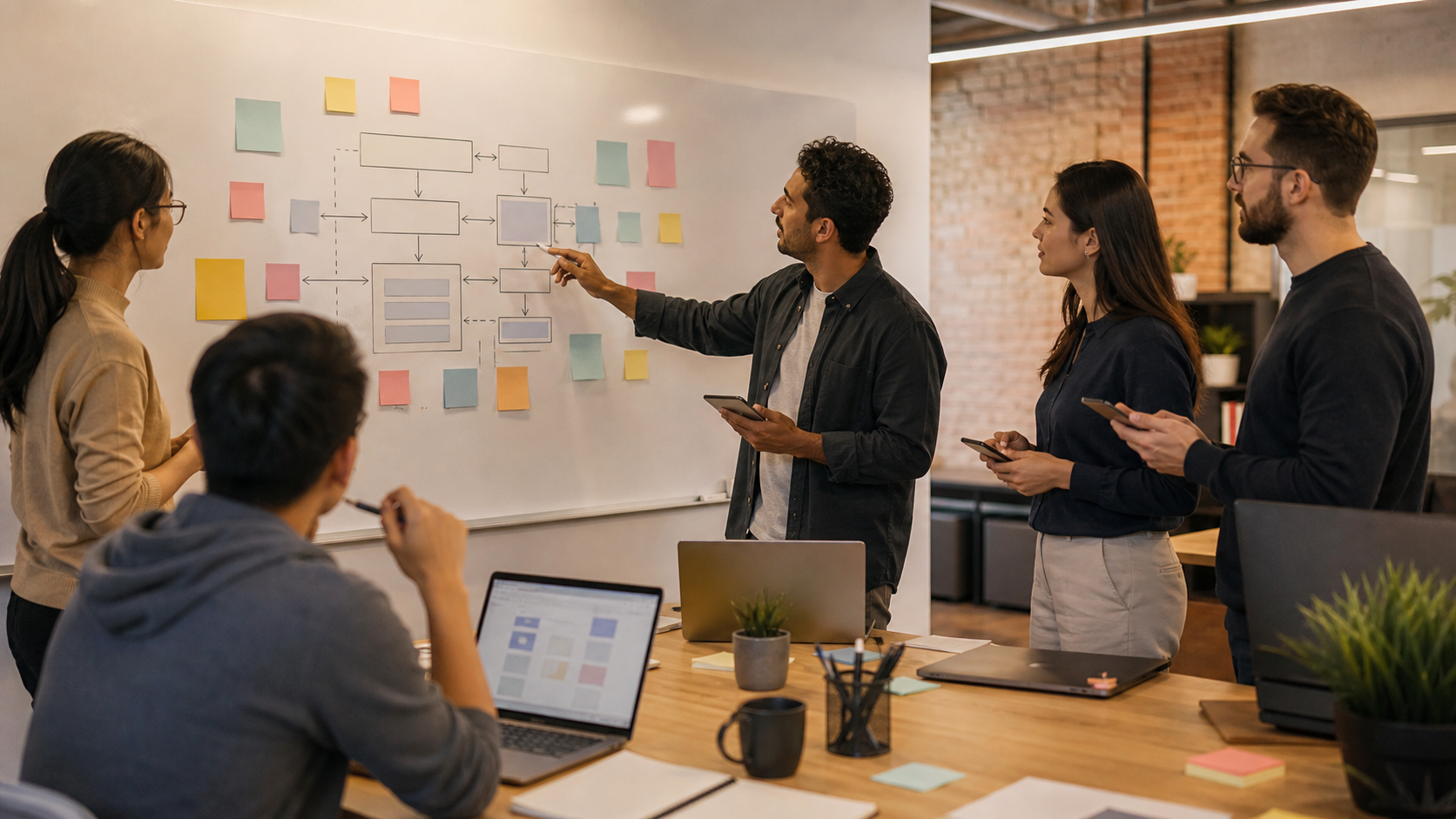 Startup team at a whiteboard planning layered AI agent governance