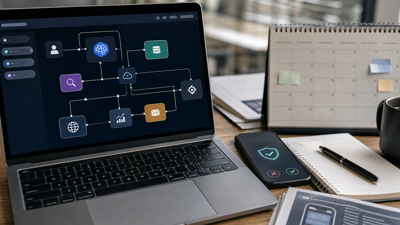 Laptop showing abstract agent workflow and approval path beside a phone awaiting confirmation