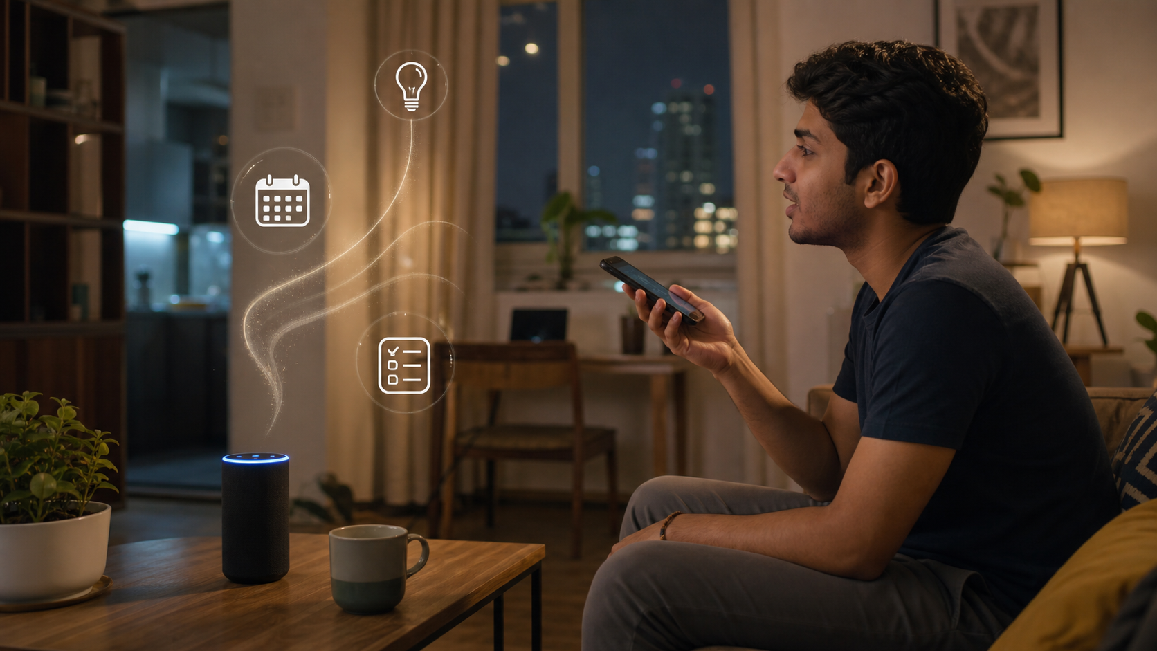 Young Indian professional using voice AI to manage daily home routines