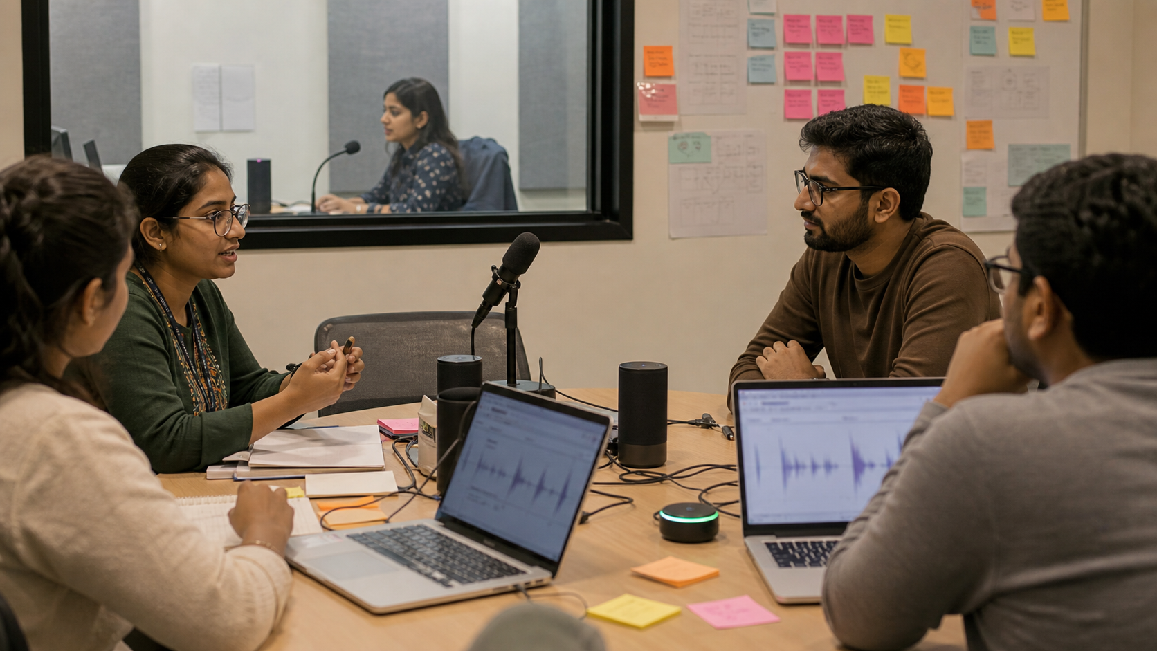 Researchers testing Hindi and Hinglish voice assistant interactions in a usability lab