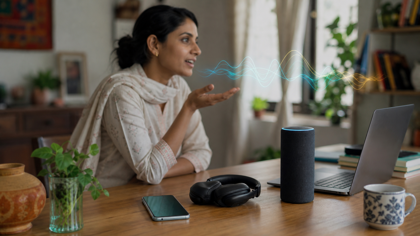 Multilingual household desk with phone, smart speaker, laptop, and voice AI setup
