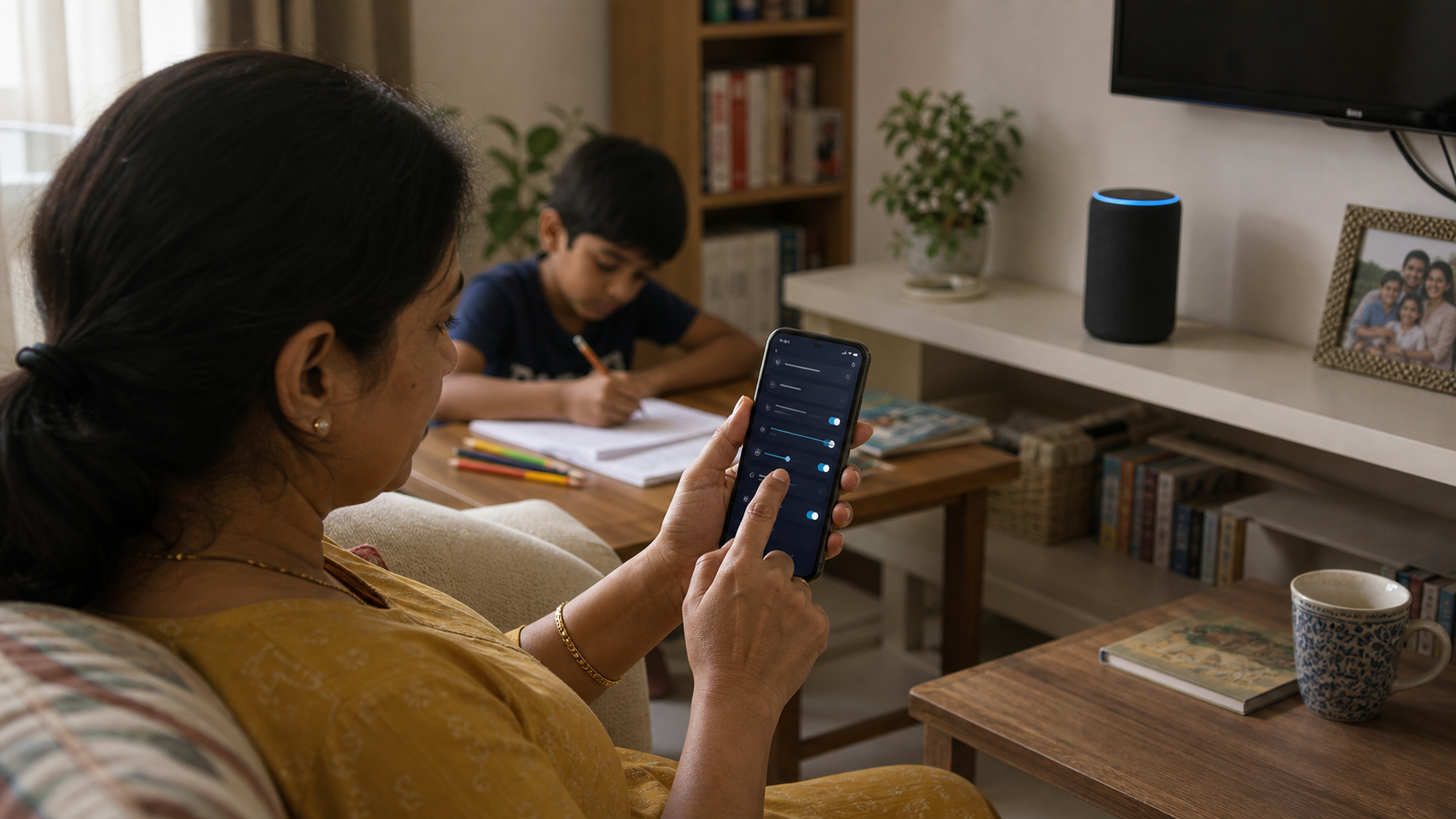 Parent checking privacy controls near a smart speaker in an Indian family home