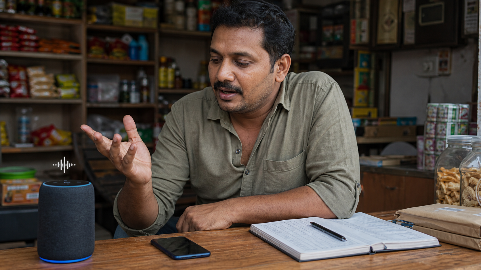 Indian small business owner using voice AI beside a smartphone and inventory notebook