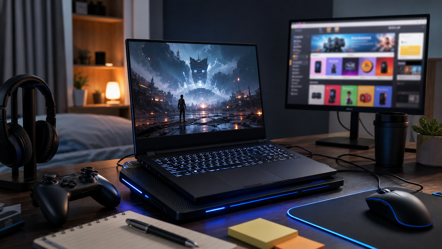 Gaming laptop deal setup with controller, monitor and performance-focused desk