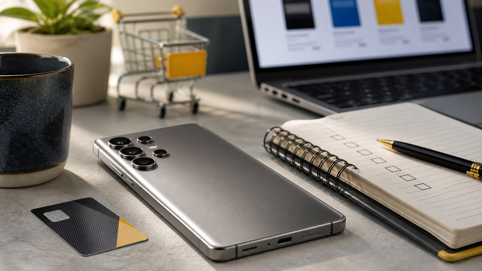 Premium Android smartphone deal setup with card, checklist and laptop comparison page