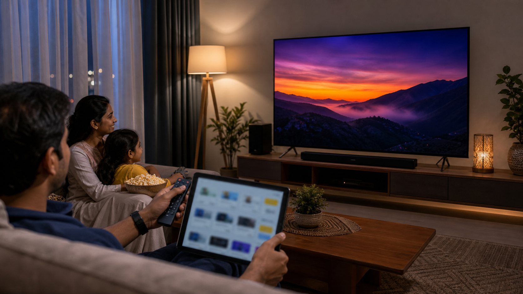 Indian family watching a large smart TV while comparing deals on a tablet