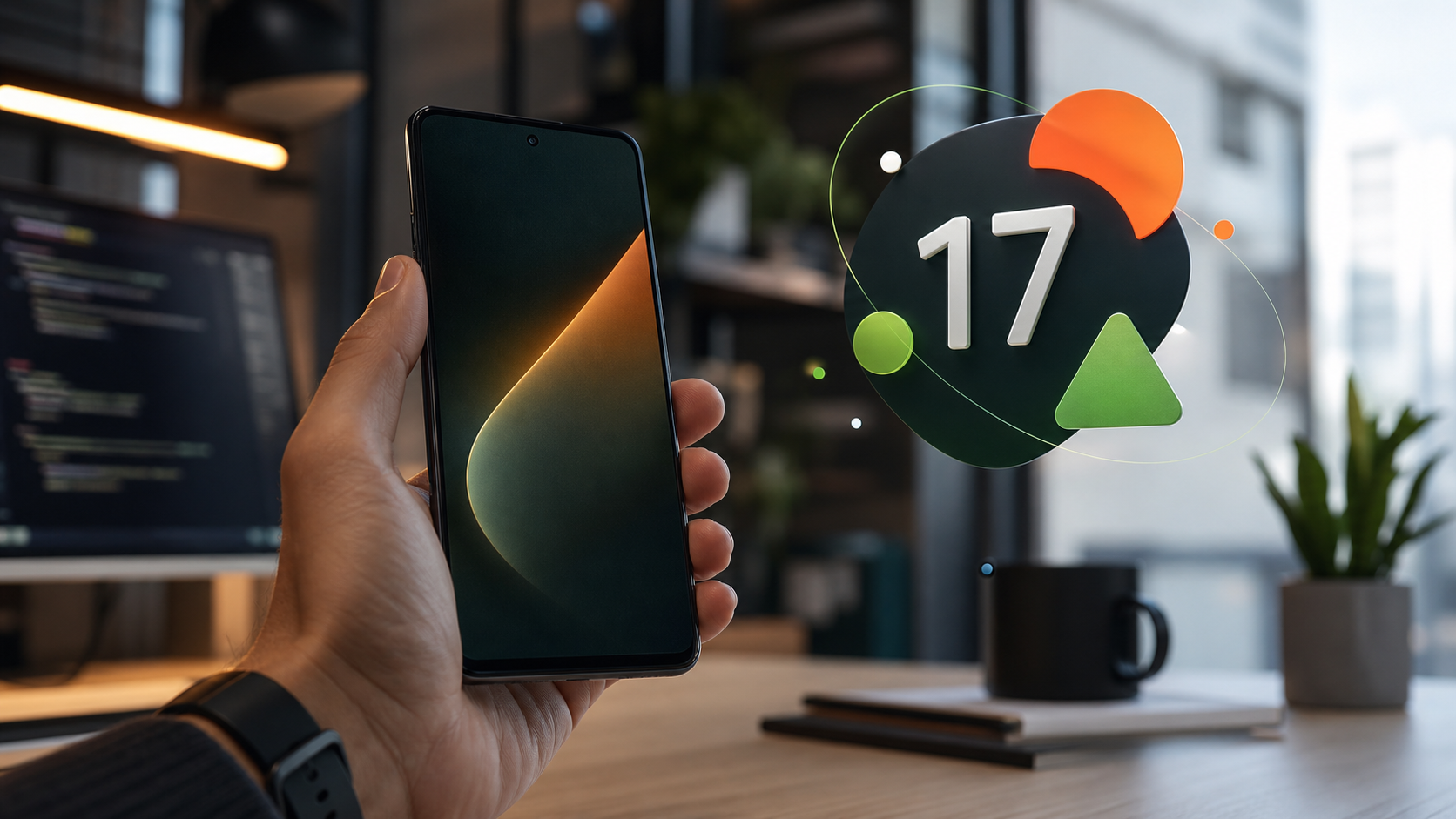 Realistic Android 17 launch visual with smartphone in hand and Android 17 update badge