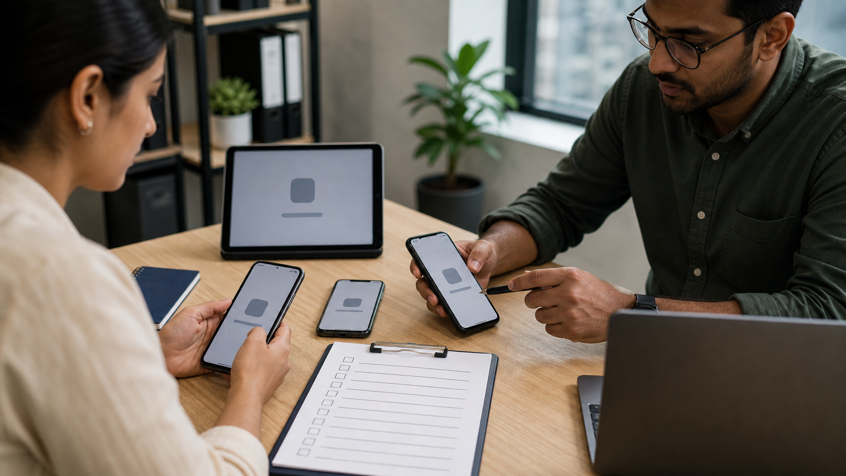 Startup founder and Android engineer testing an app install on multiple devices