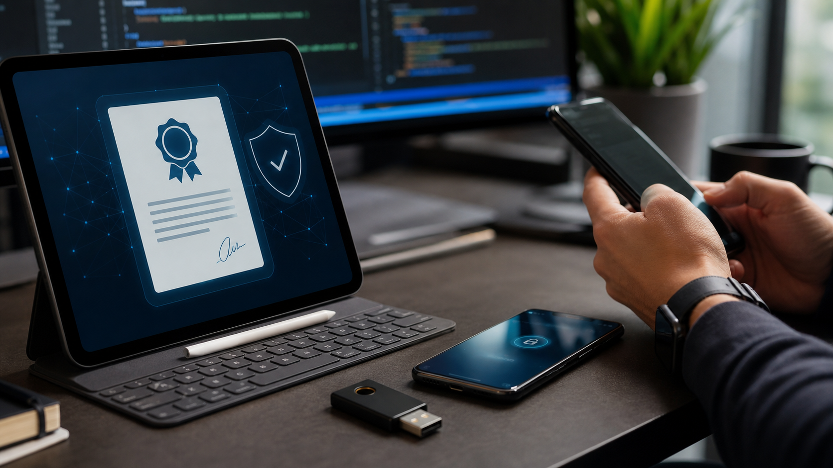 Developer workstation with phone, security key, and abstract code signing certificate