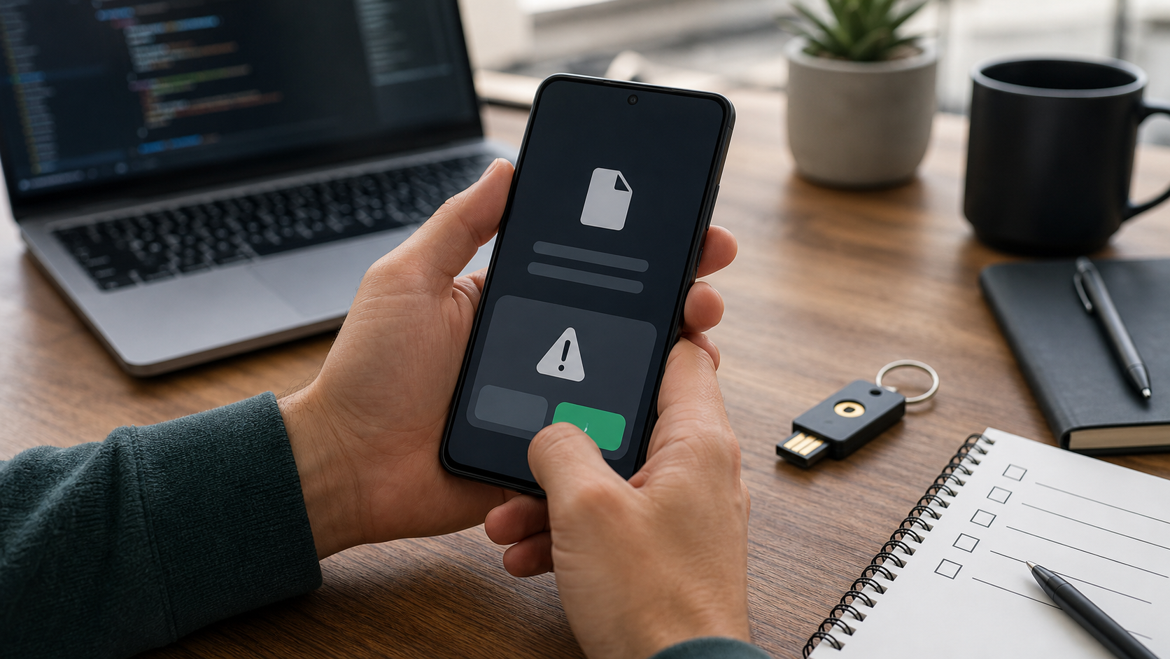 Hands holding a phone during an abstract app install confirmation beside a laptop and security key