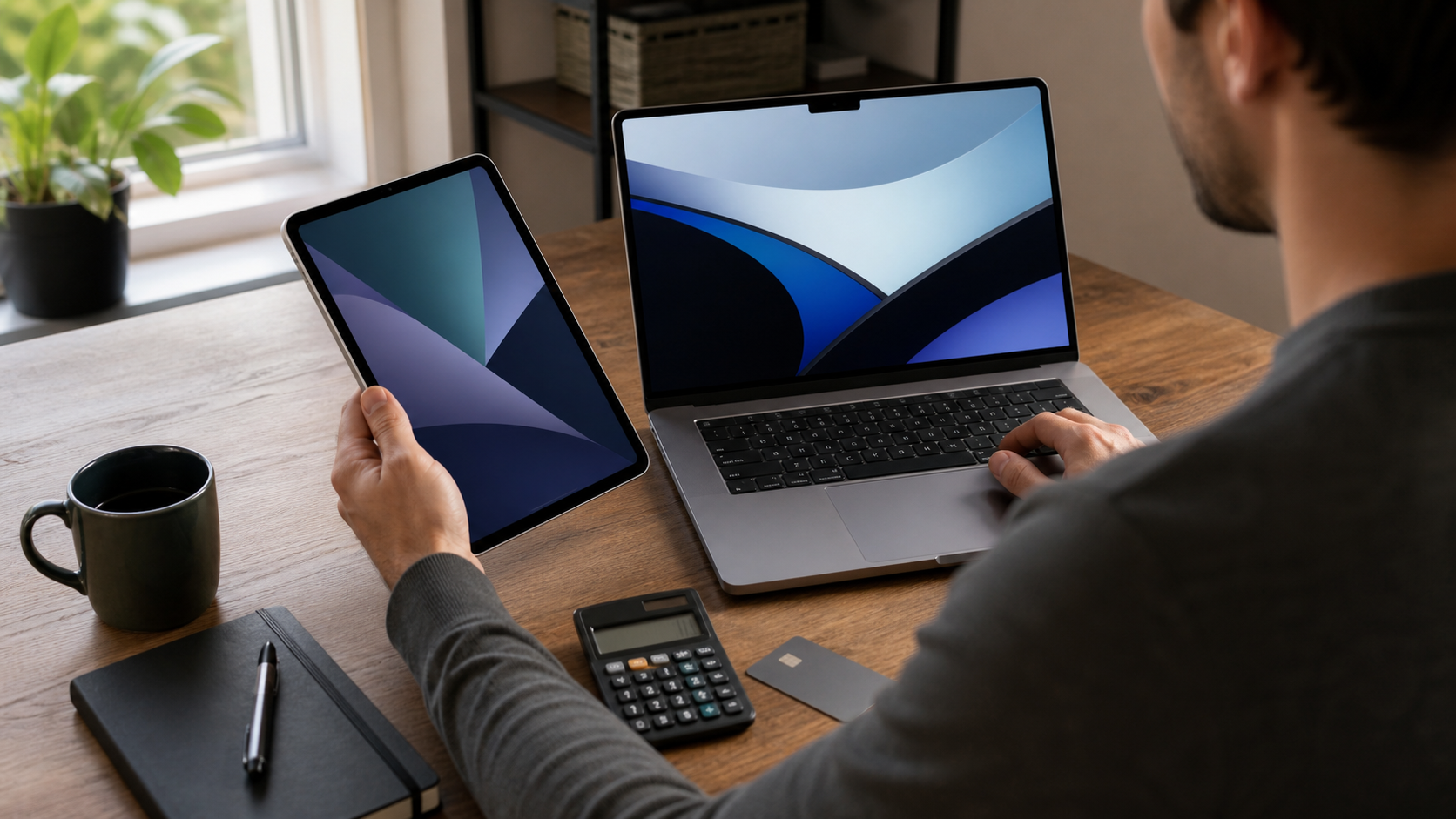 Buyer comparing laptop and tablet upgrade options with a notebook and card on a desk