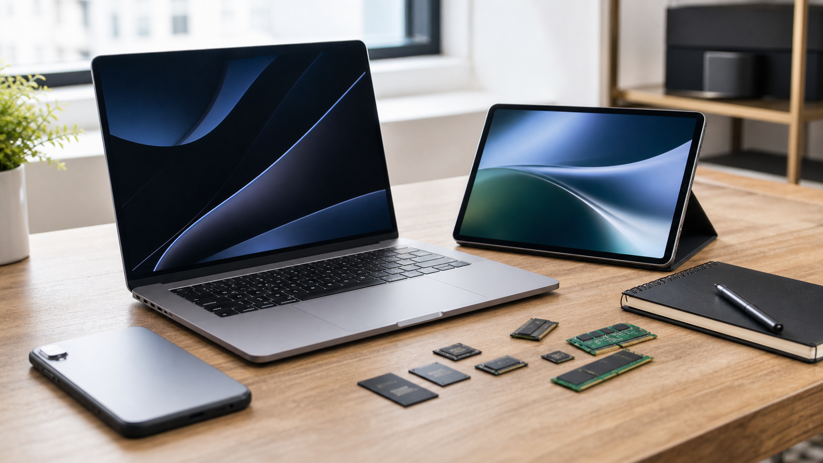 Laptop, tablet, and phone on a desk with memory-chip components suggesting rising hardware costs