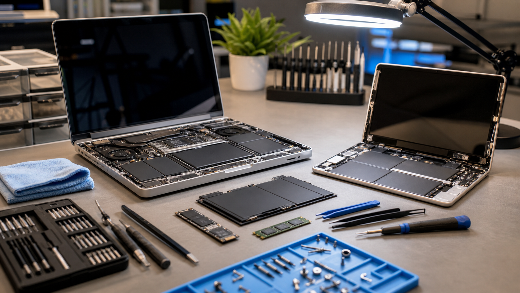 Repair bench with laptop, tablet, tools, and internal components