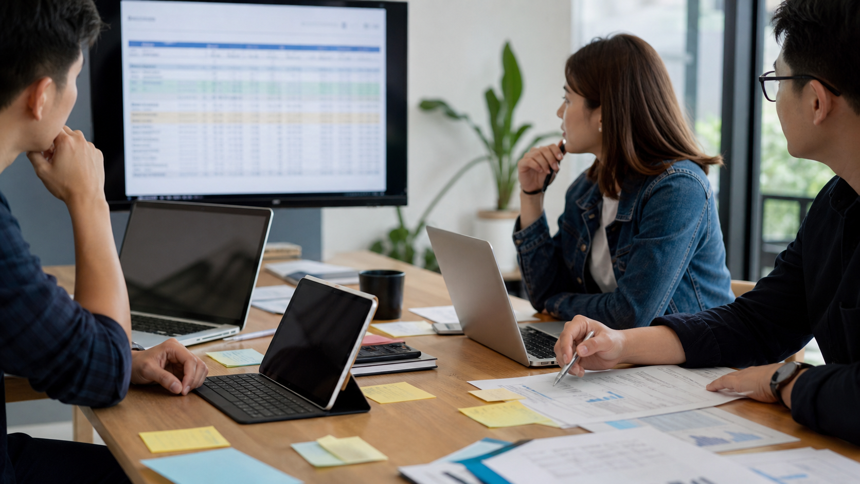 Small product team planning laptop and tablet purchases around a procurement desk