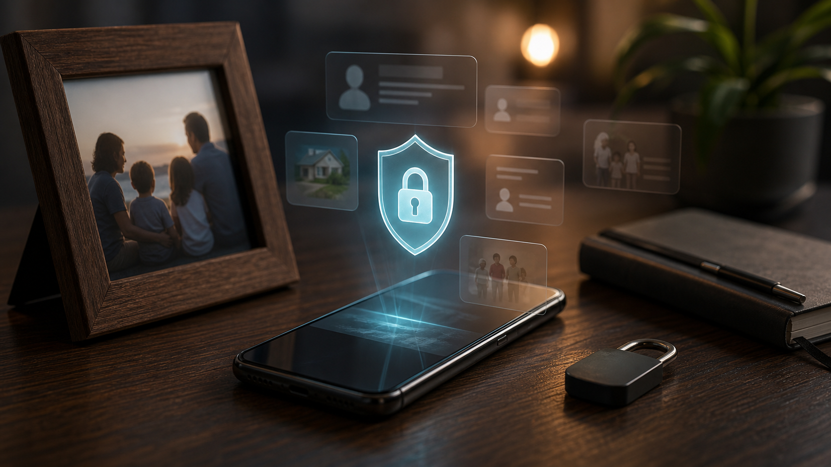 Smartphone on a desk with a subtle privacy shield and family photo nearby