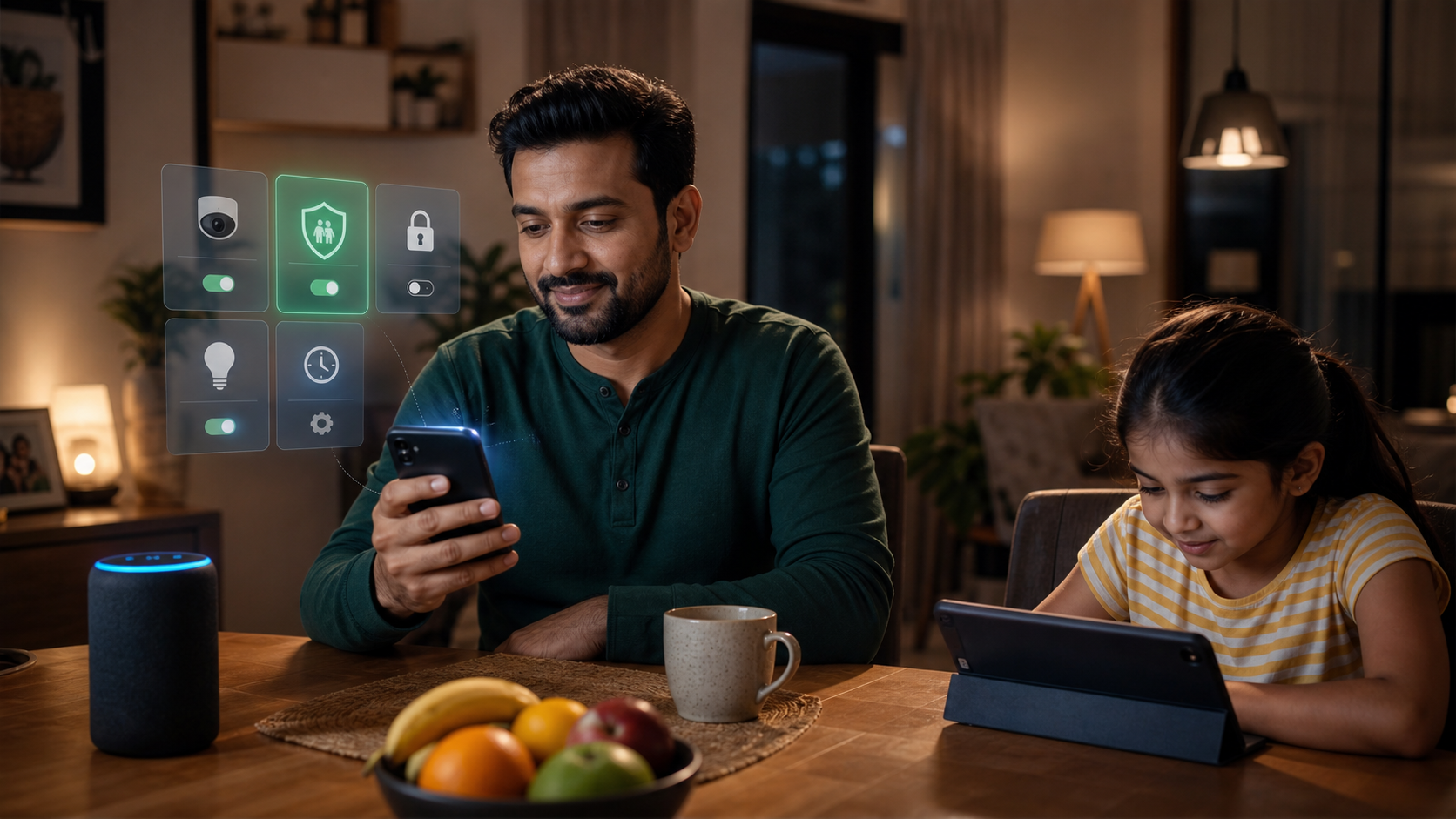 Parent checking a smartphone at a dining table while a child uses a tablet nearby