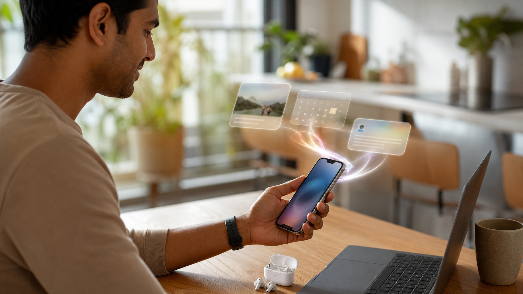 Person using a smartphone at a kitchen table with soft abstract AI assistant cards
